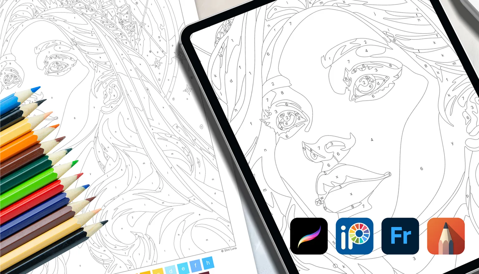 Coloring page on paper and on a tablet with the Procreate, ibisPaint X, Adobe Fresco, and Sketchbook app icons