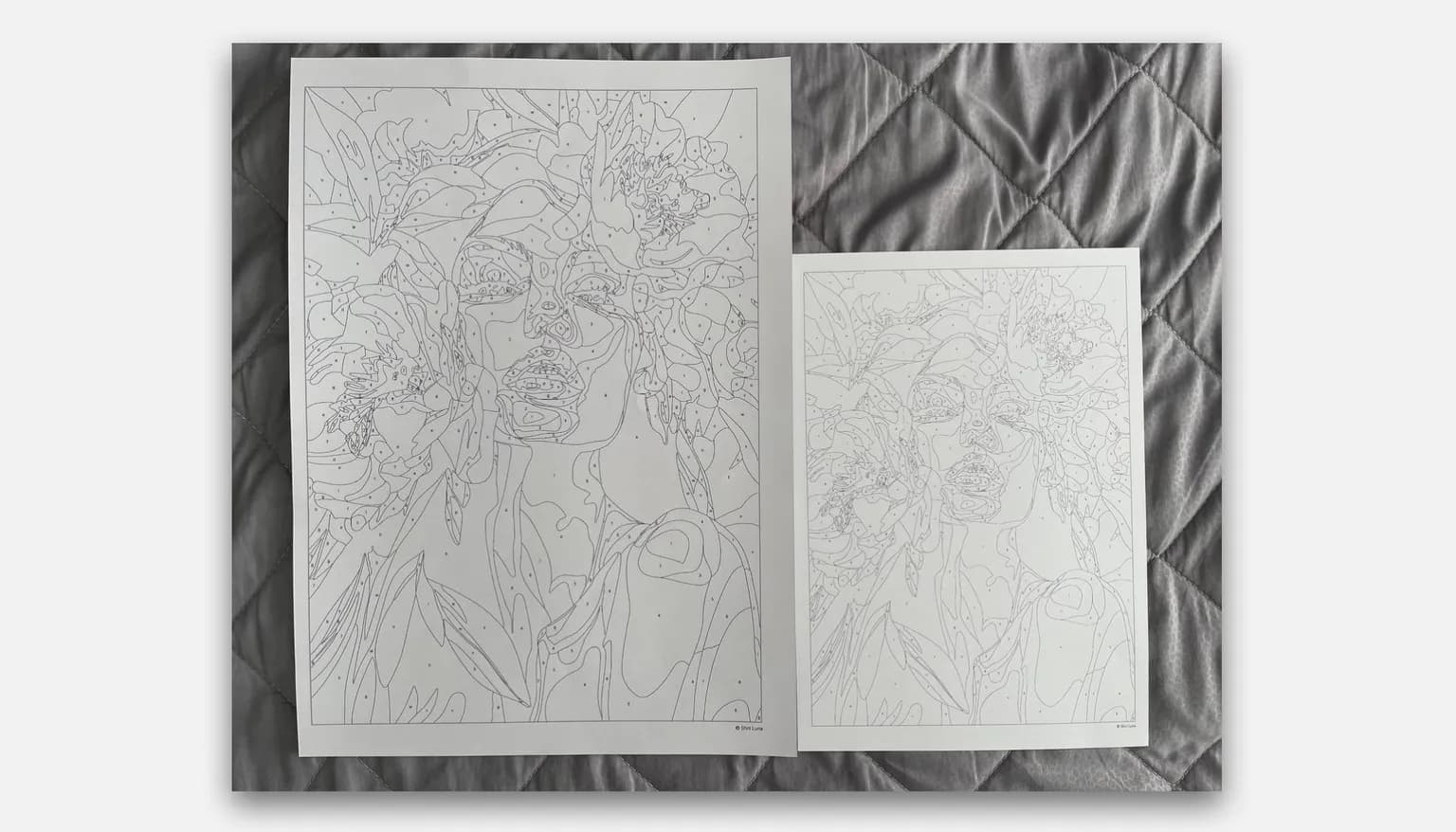 The same coloring page printed in A3 and A4 sizes side by side