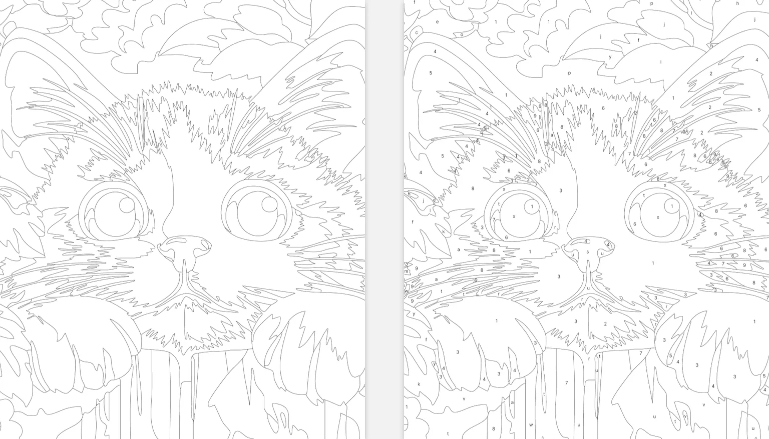 Comparison of the Contour Page without numbers and the Numbered Page of a cat coloring page