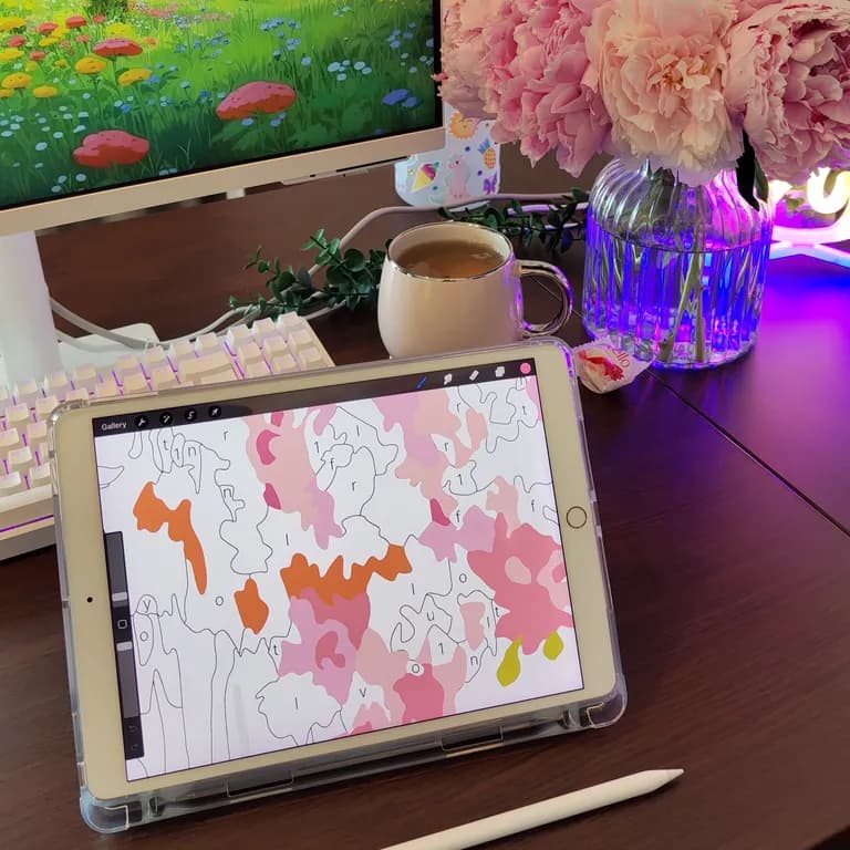 Cozy desk with an iPad showing a coloring page in progress, a cup of tea, and pink peonies