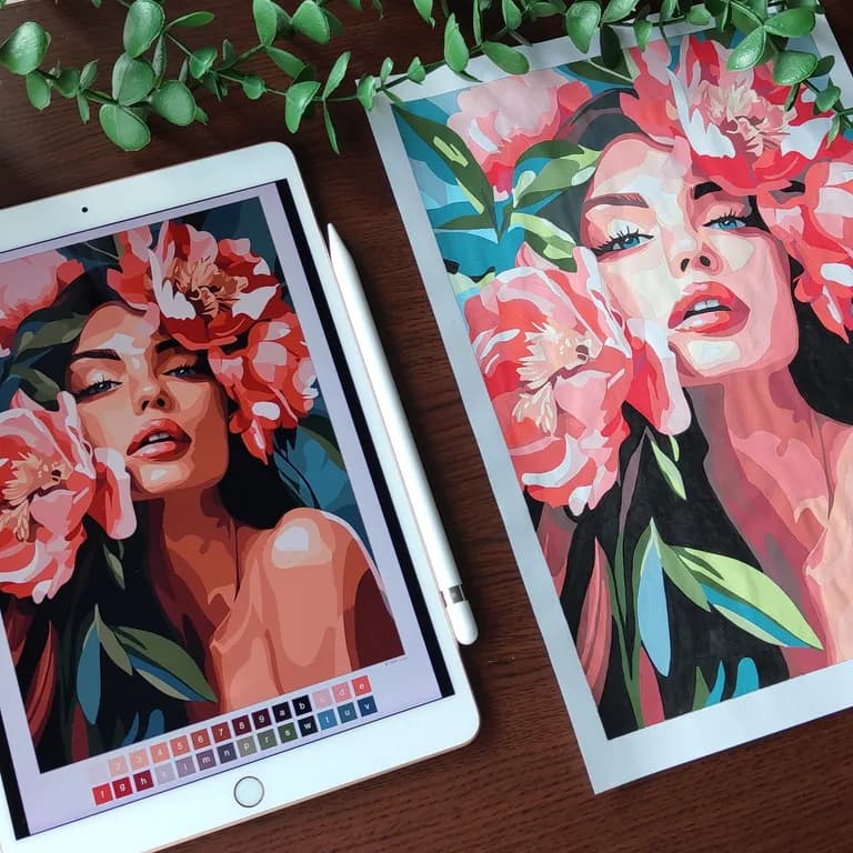 Floral woman portrait colored on an iPad next to the same page colored on paper