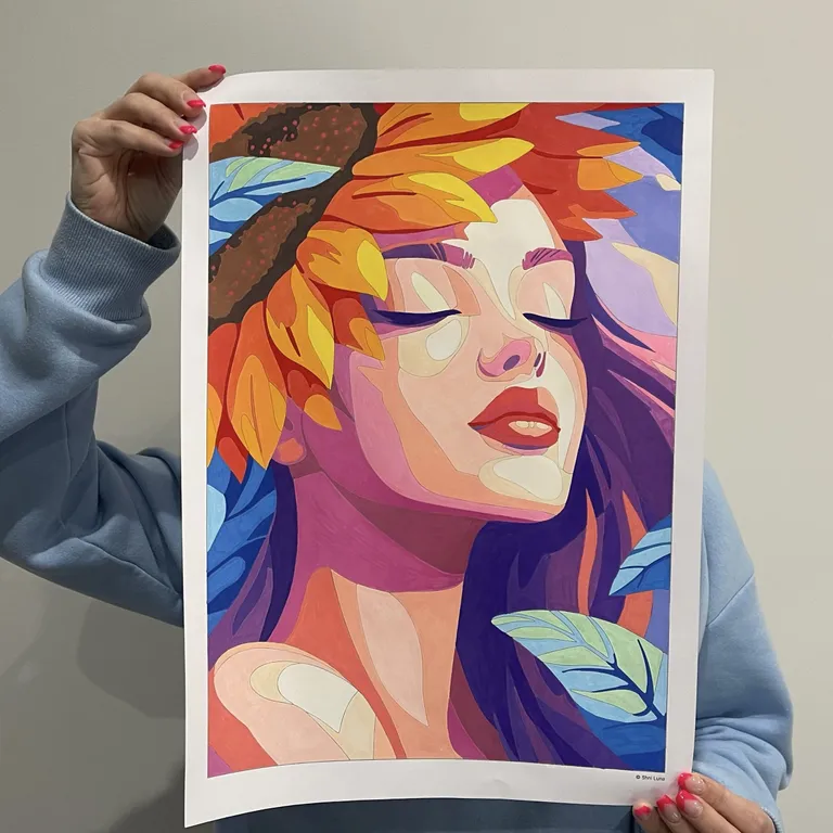 Colorful portrait of a woman with sunflowers in her hair, colored with markers and held up to the camera