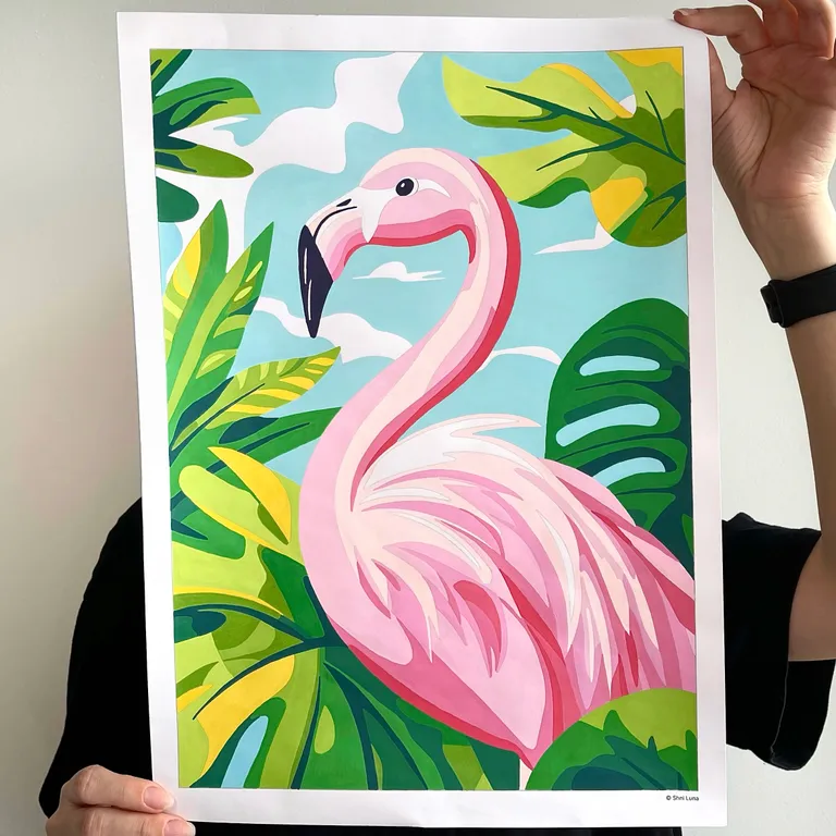 Pink flamingo coloring page with tropical leaves, colored with markers and held up to the camera
