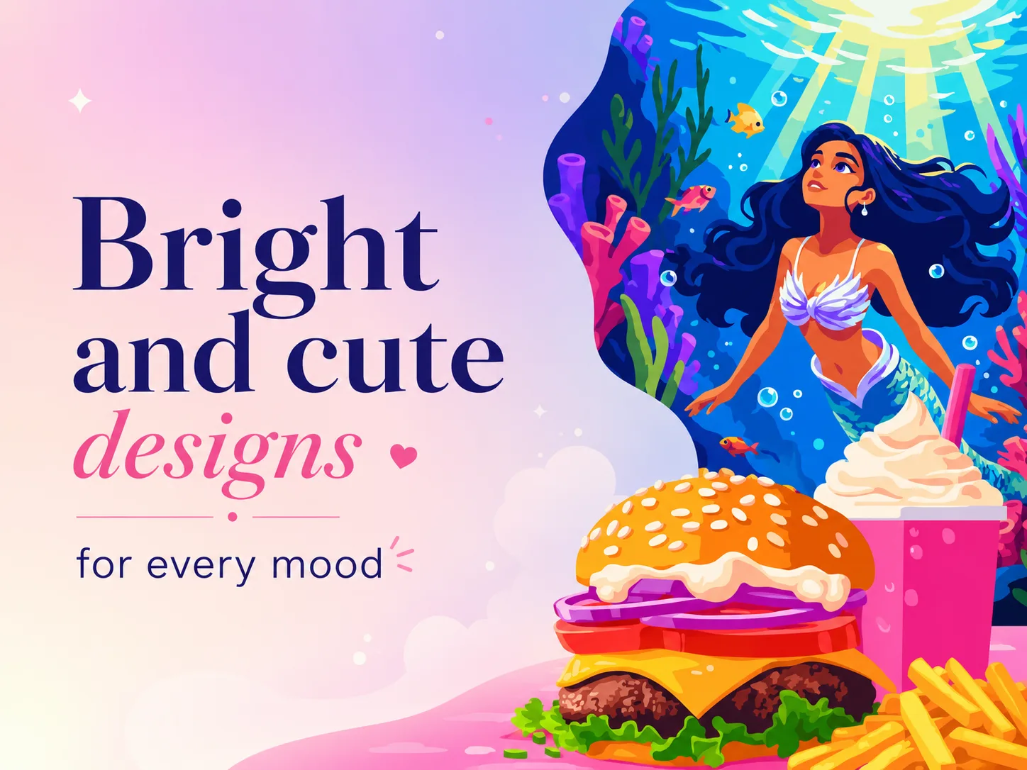 Bright and cute designs for every mood — mermaid and sweet treats coloring artwork