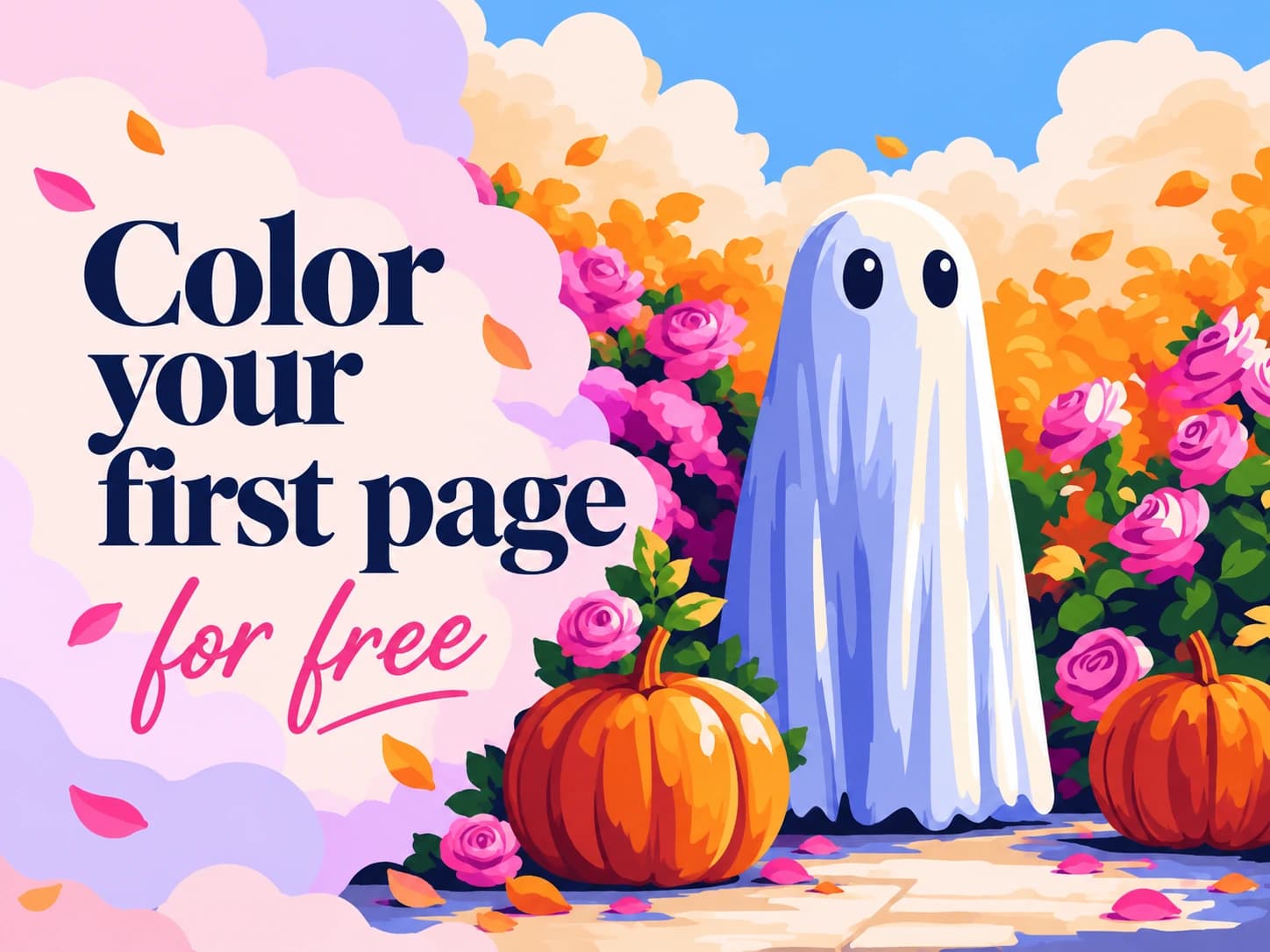 Color your first page for free — white ghost among pumpkins and pink roses coloring artwork
