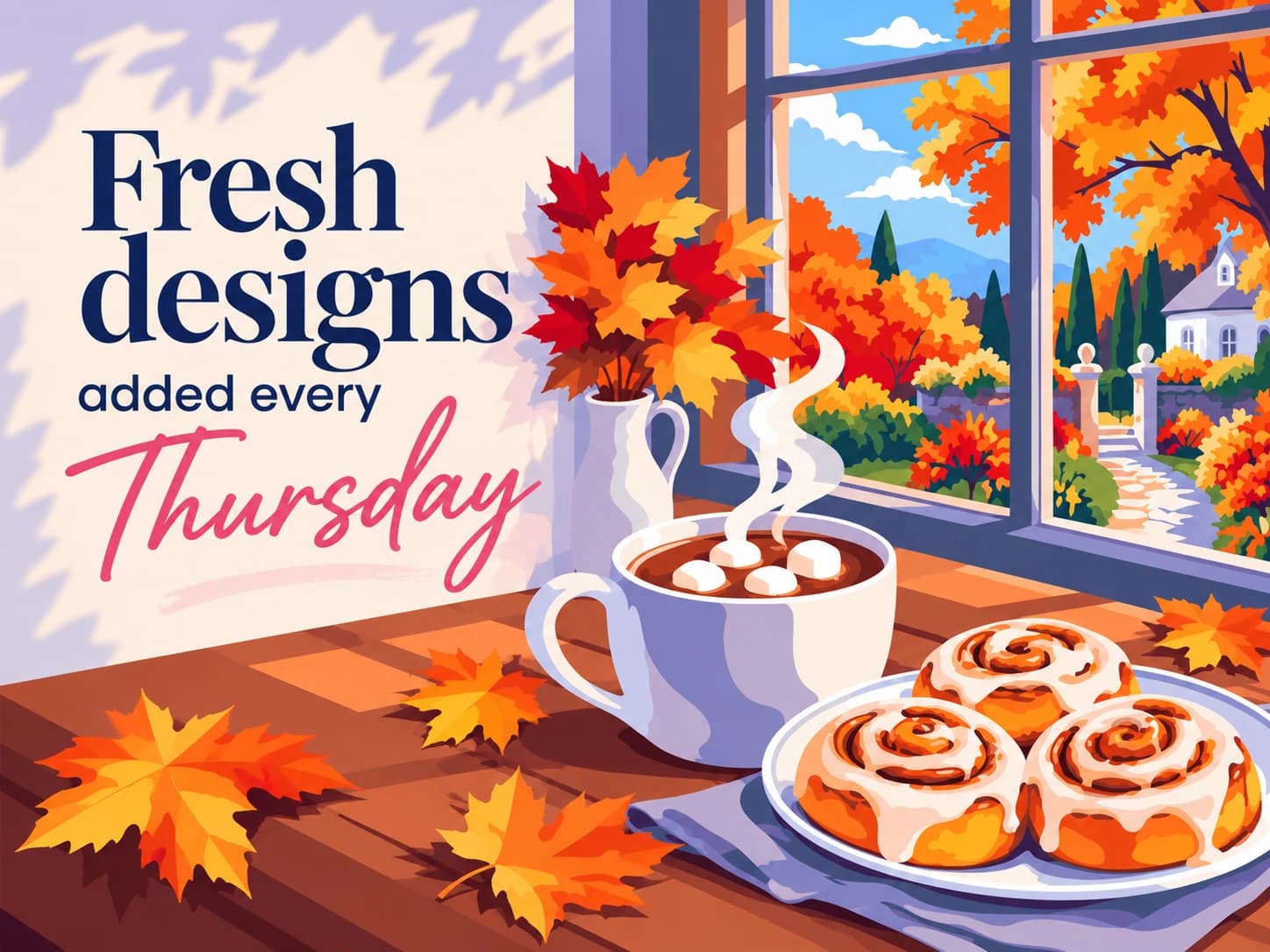 Fresh designs added every Thursday — hot cocoa and cinnamon rolls by an autumn window coloring artwork