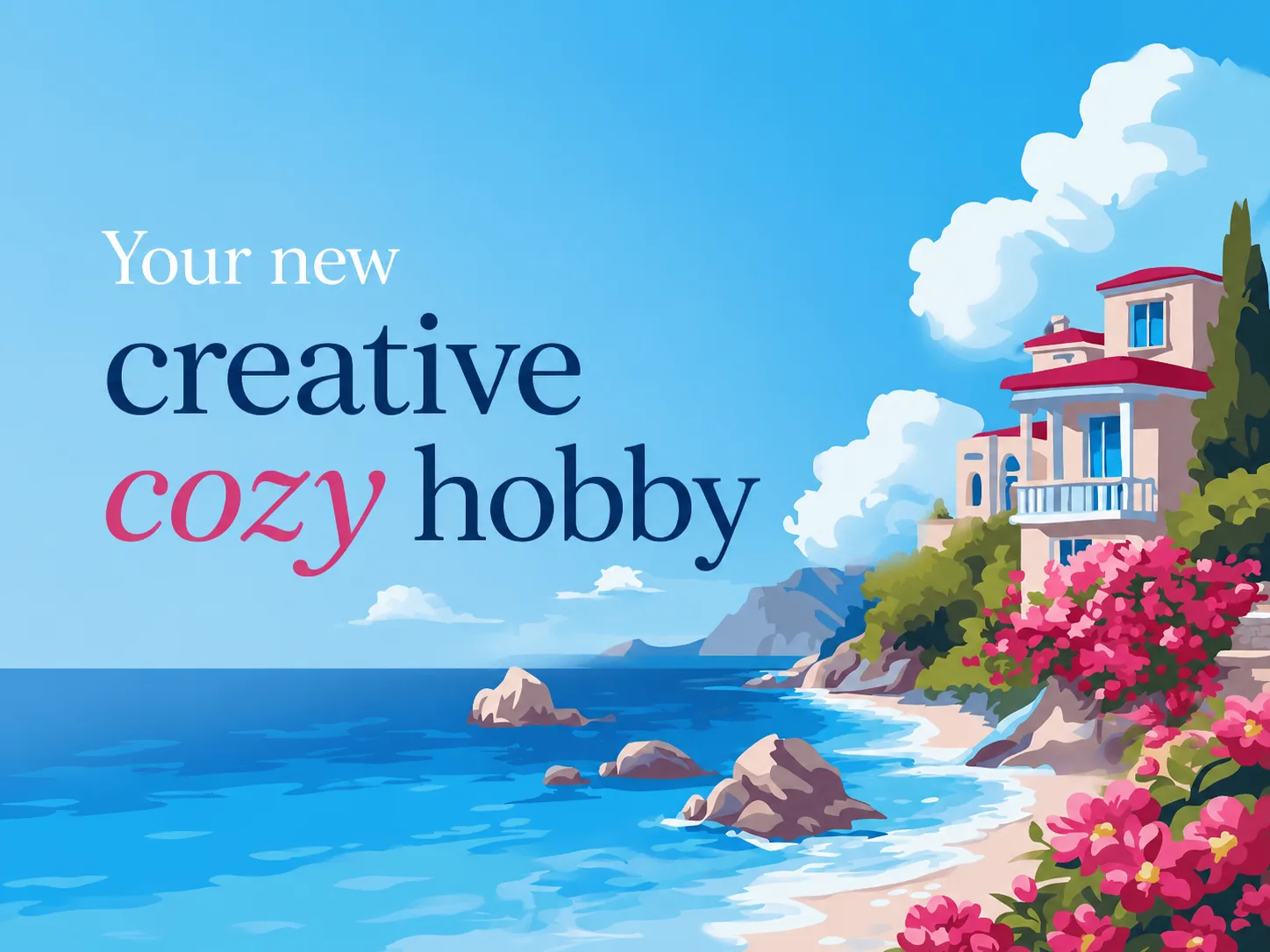 Your new creative cozy hobby — seaside villa with pink flowers coloring artwork