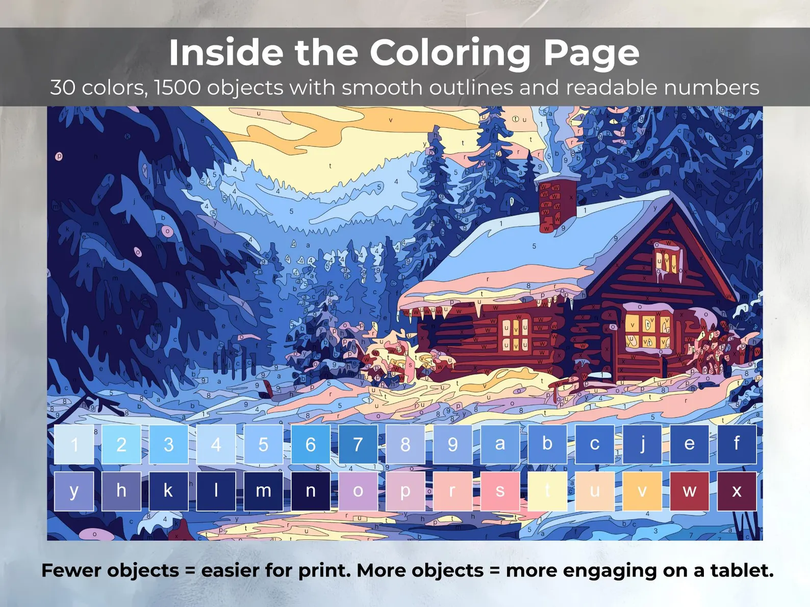 Winter Cabin Paint by Number | Snowy Forest Printable Sheet | Digital Coloring Page iPad & Procreate thumbnail 3