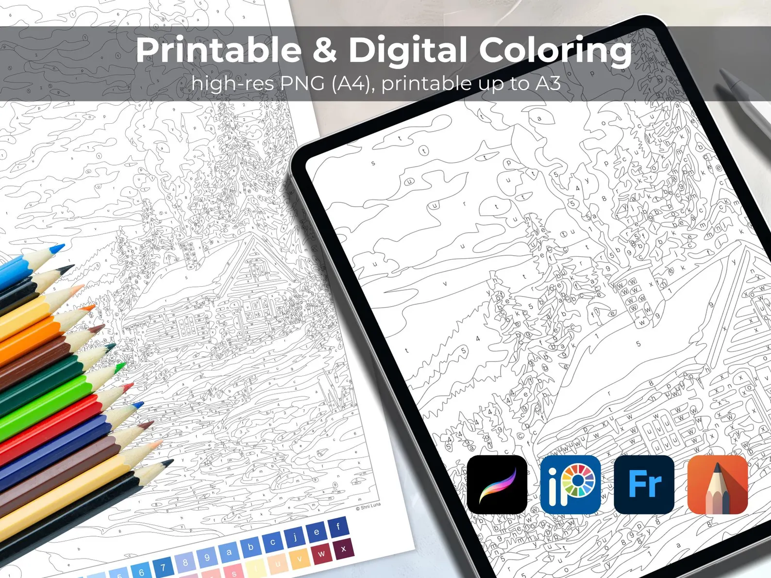 Winter Cabin Paint by Number | Snowy Forest Printable Sheet | Digital Coloring Page iPad & Procreate thumbnail 4