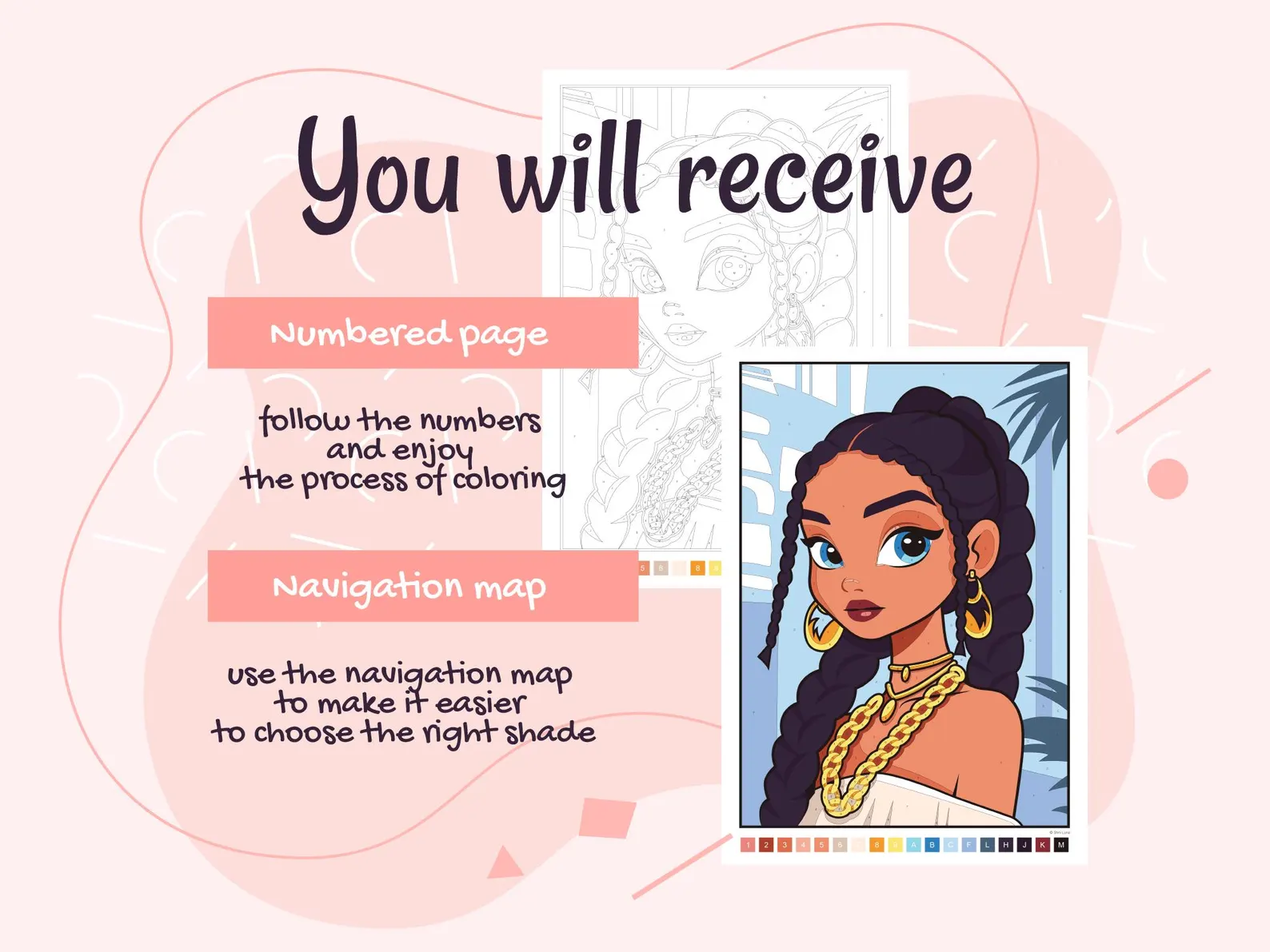 Digital coloring page for adults and teens “Cartoon Princess”, Printable paint by number, Stress relief coloring sheet, Mindfulness coloring thumbnail 2