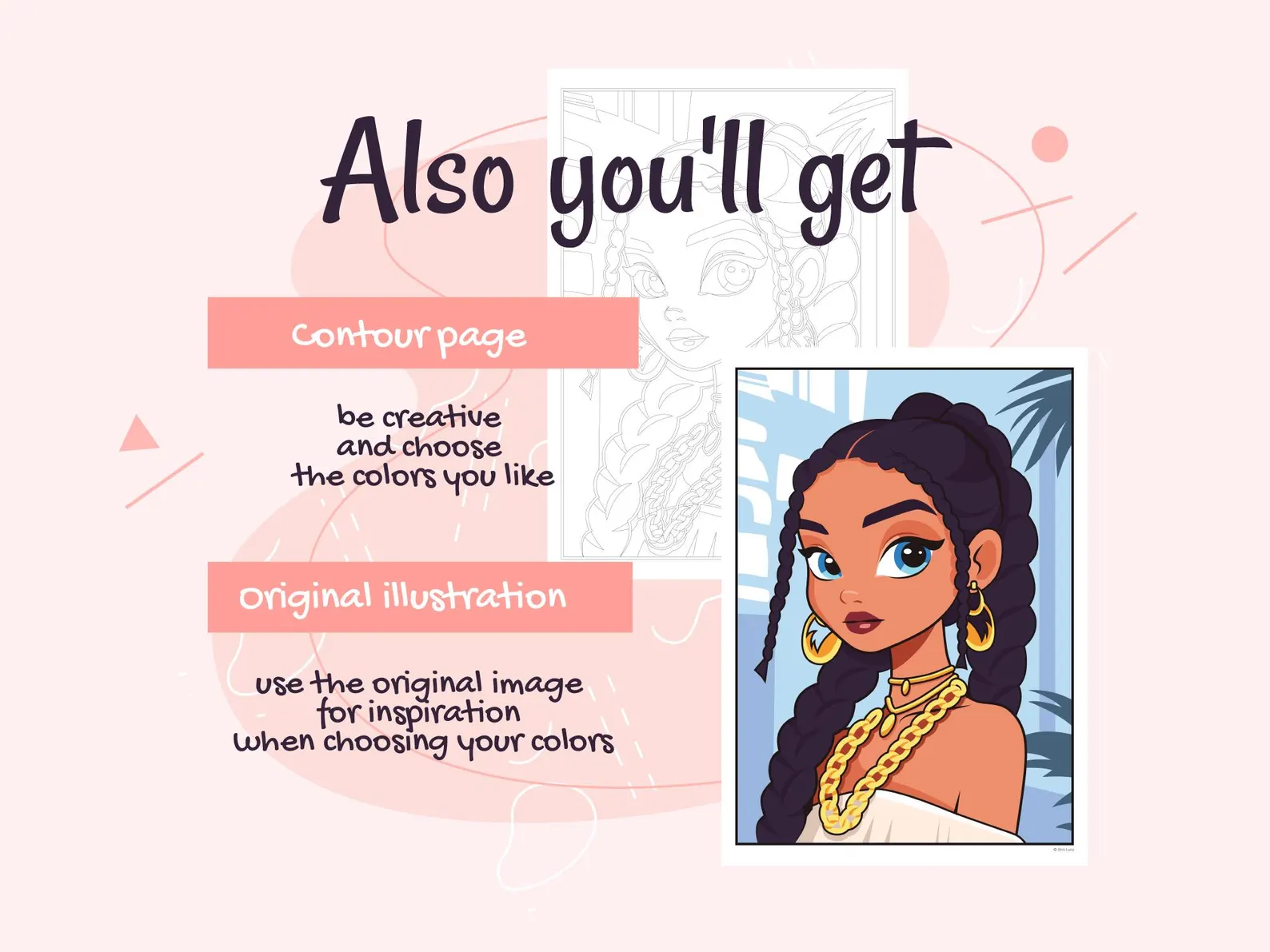 Digital coloring page for adults and teens “Cartoon Princess”, Printable paint by number, Stress relief coloring sheet, Mindfulness coloring thumbnail 3