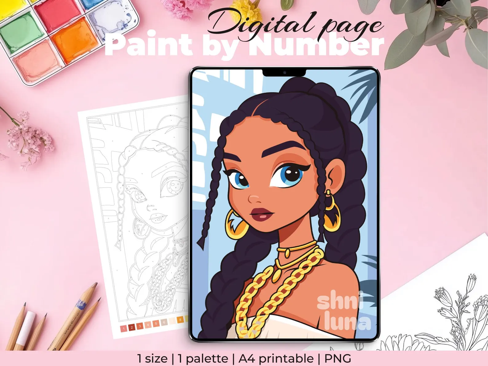 Digital coloring page for adults and teens “Cartoon Princess”, Printable paint by number, Stress relief coloring sheet, Mindfulness coloring