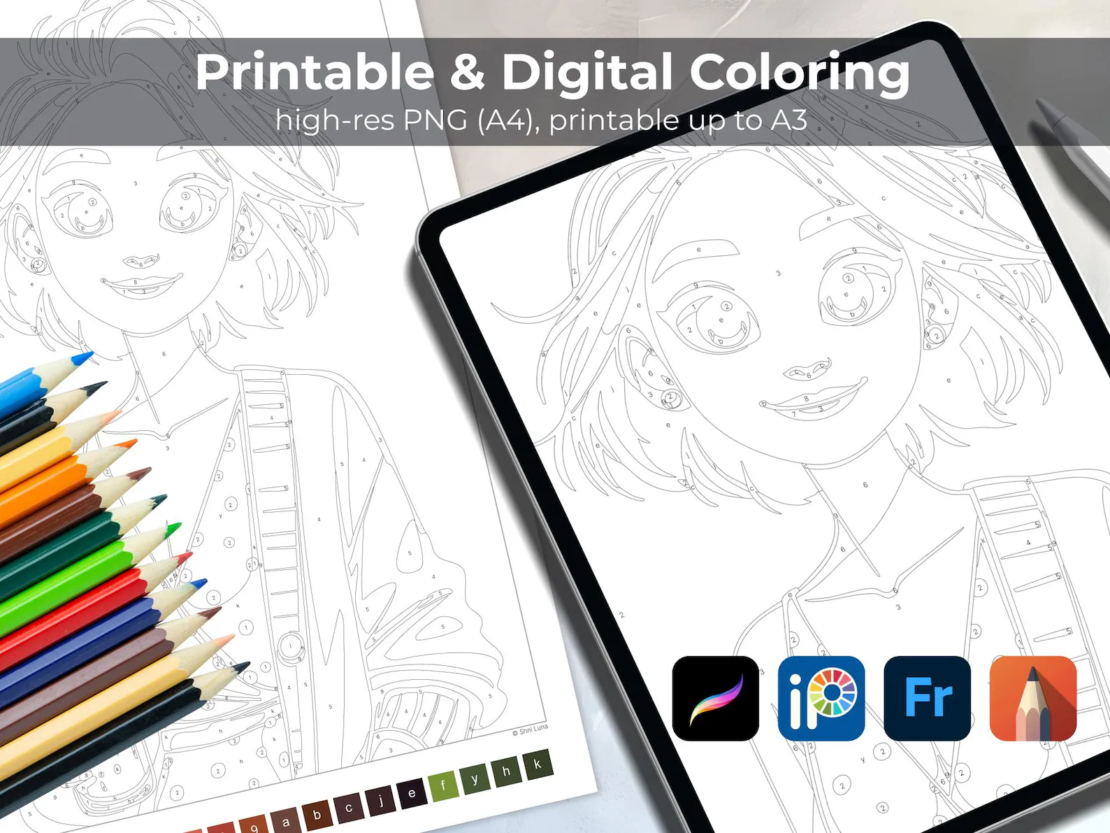 Matcha Girl Paint by Number | Cozy Digital Coloring (Procreate) | Printable Page thumbnail 4