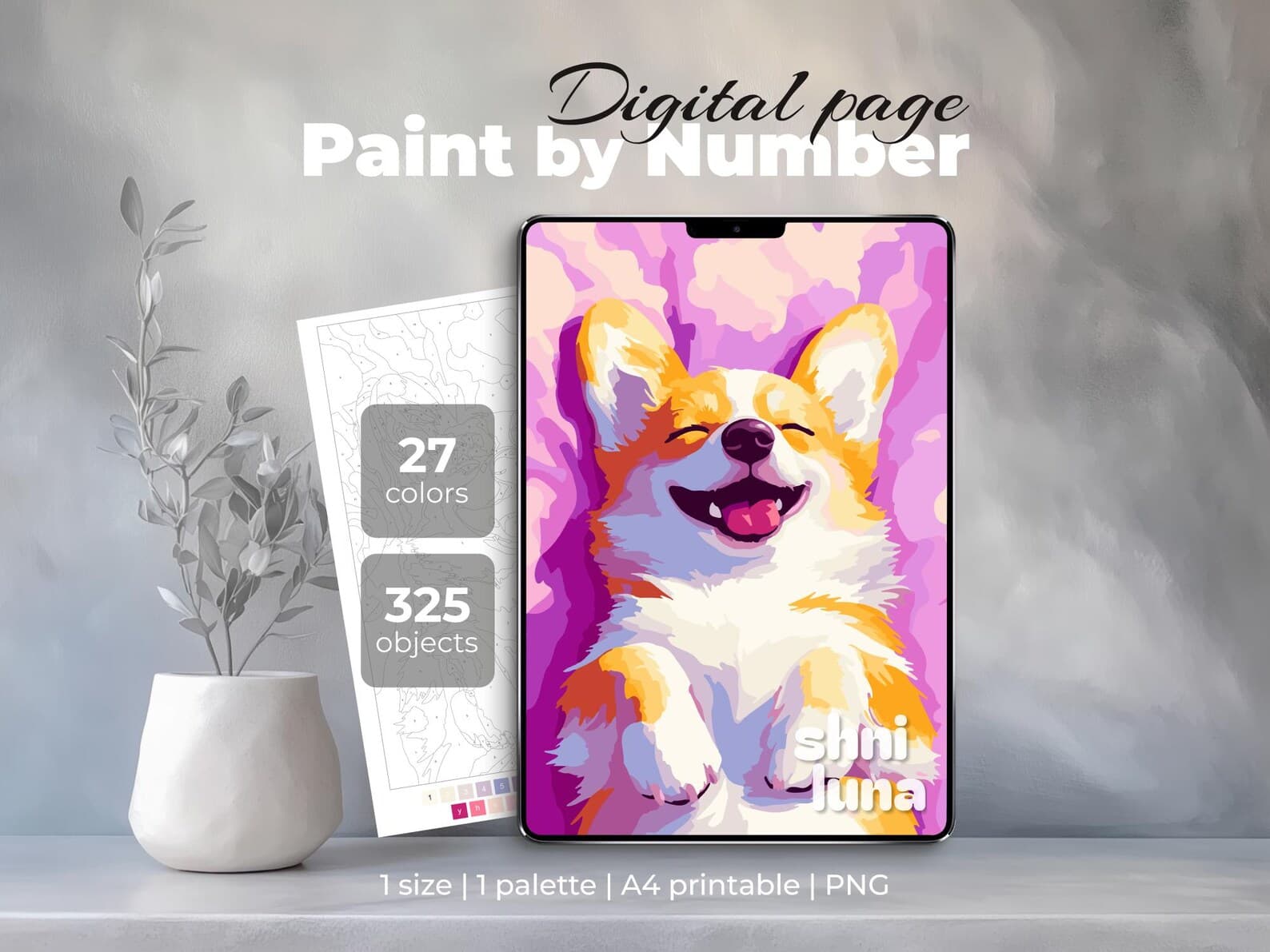 Digital Paint by Number for Adult | Printable Color by Number Cute Corgi | Coloring Page for iPad & Procreate | Stress Relief Coloring Sheet