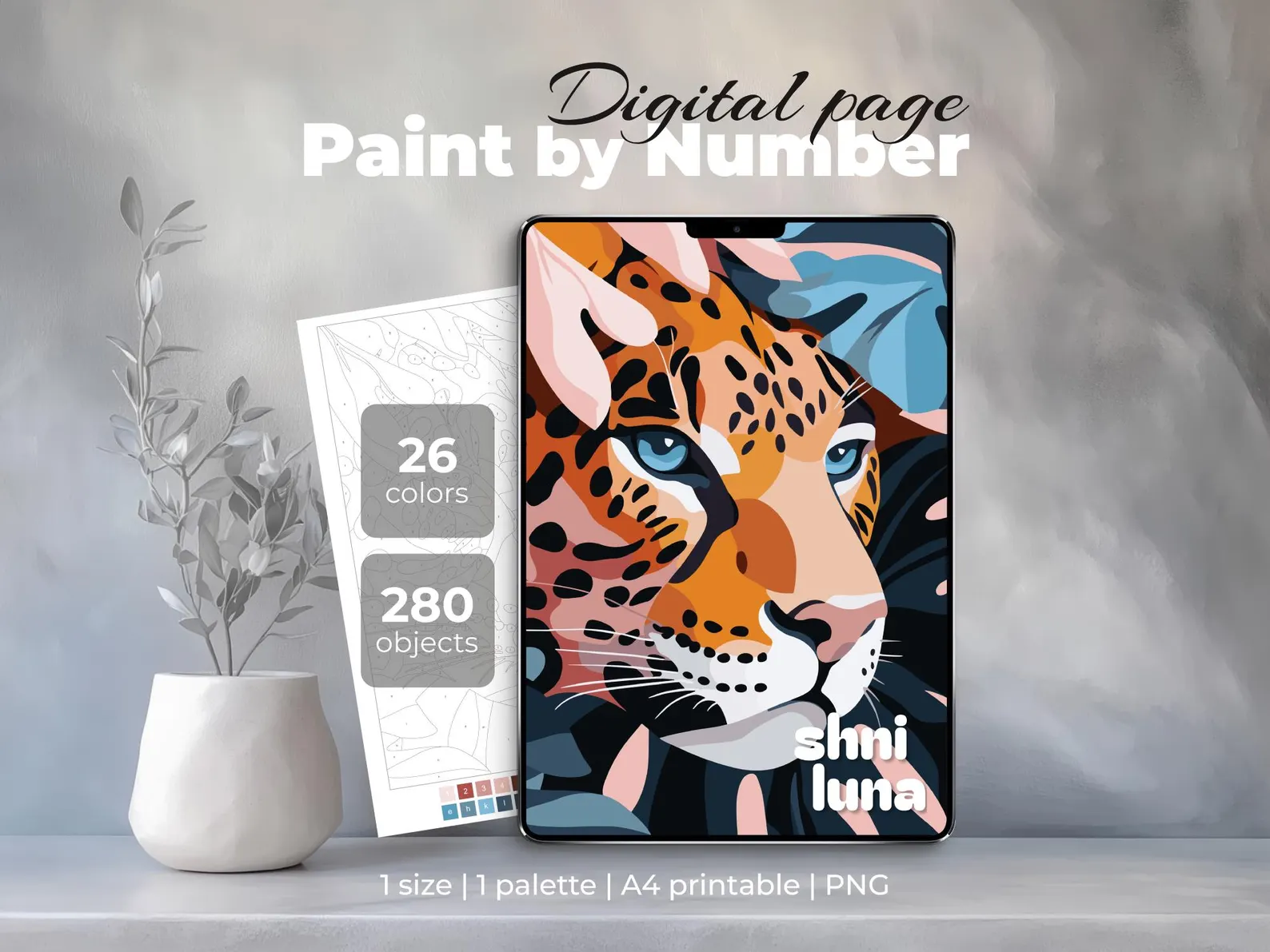 Paint by number for adult, Digital color by number, Printable coloring sheet, Leopard coloring page, Detailed animal coloring