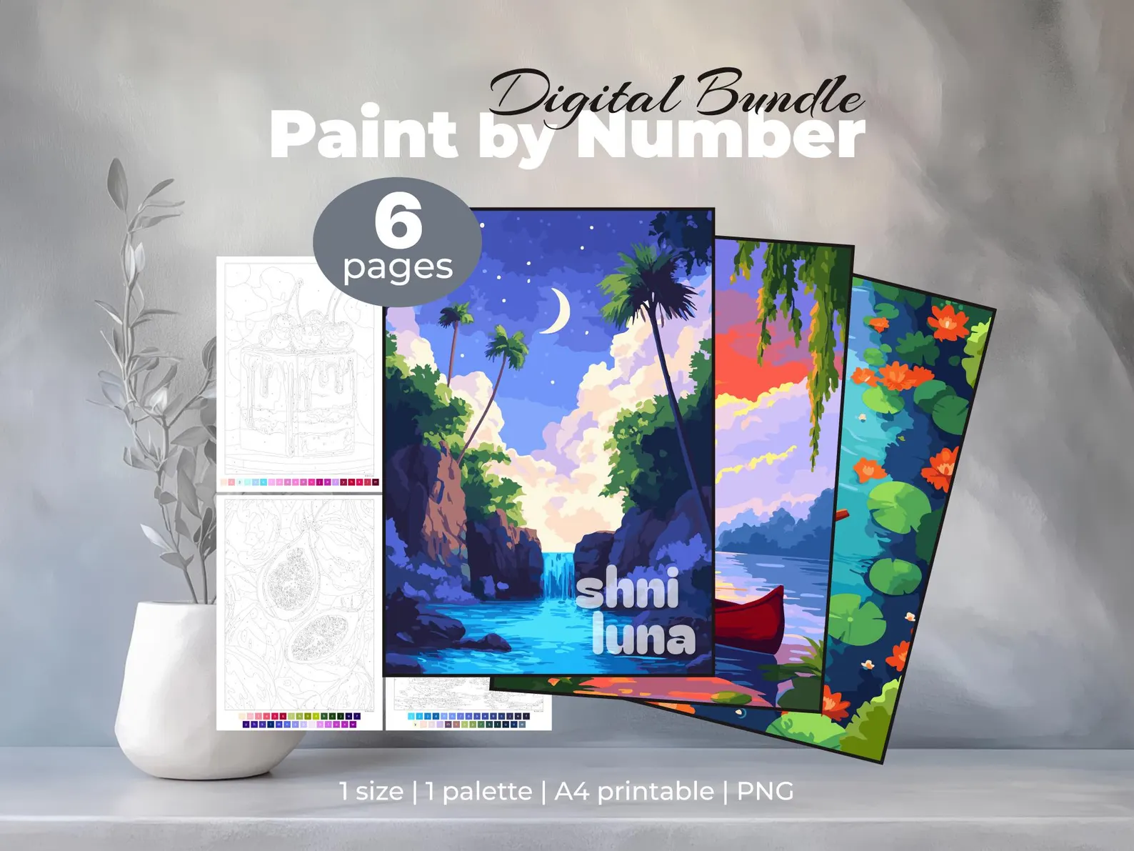 6 Paint by Number Coloring Pages for Adults | Digital Bundle for Tablet | Floral, Animal & Landscape Printable Collection | PNG Sheets