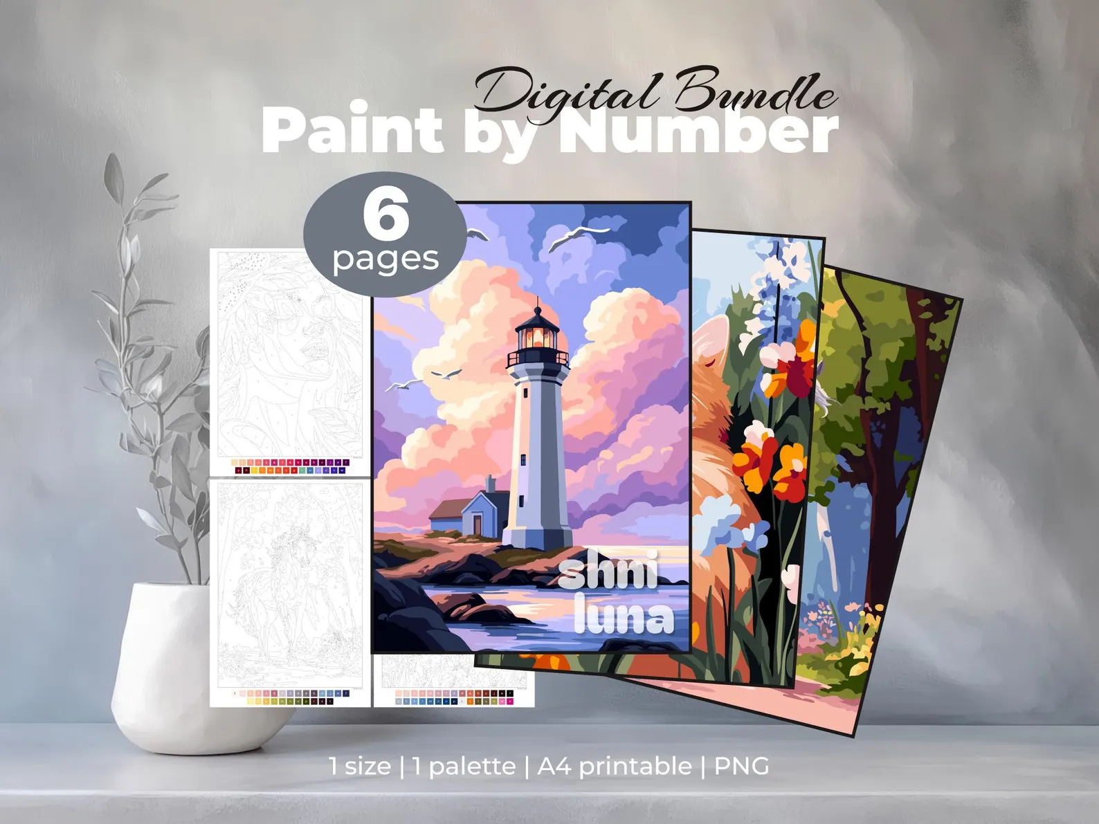 6 Paint by Number Coloring Pages for Adults | Digital Bundle for Tablet | Floral, Animal & Landscape Printable Collection | PNG Sheets 2