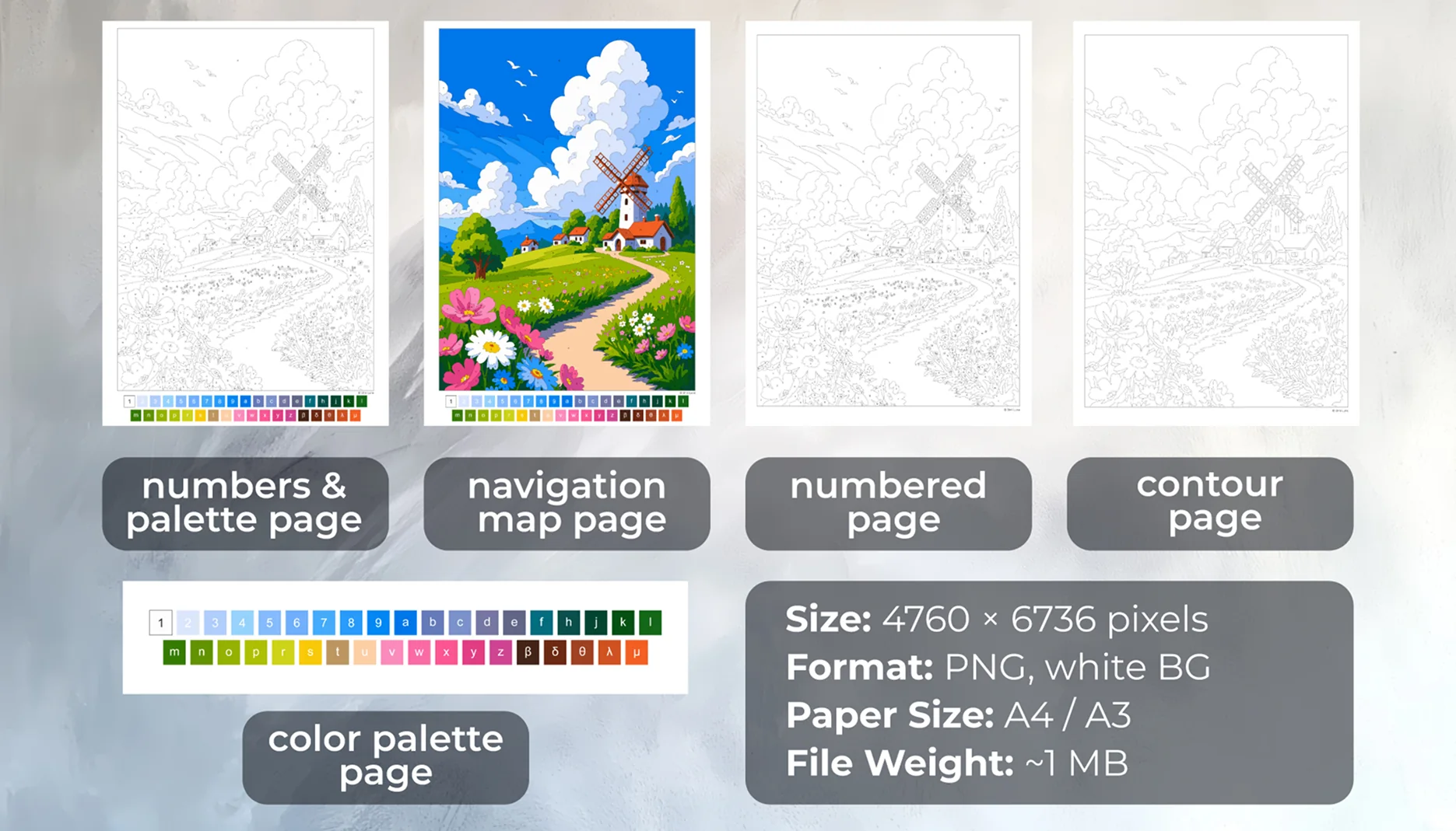 Digital paint-by-number files including a numbered page, color palette, contour page, and color reference