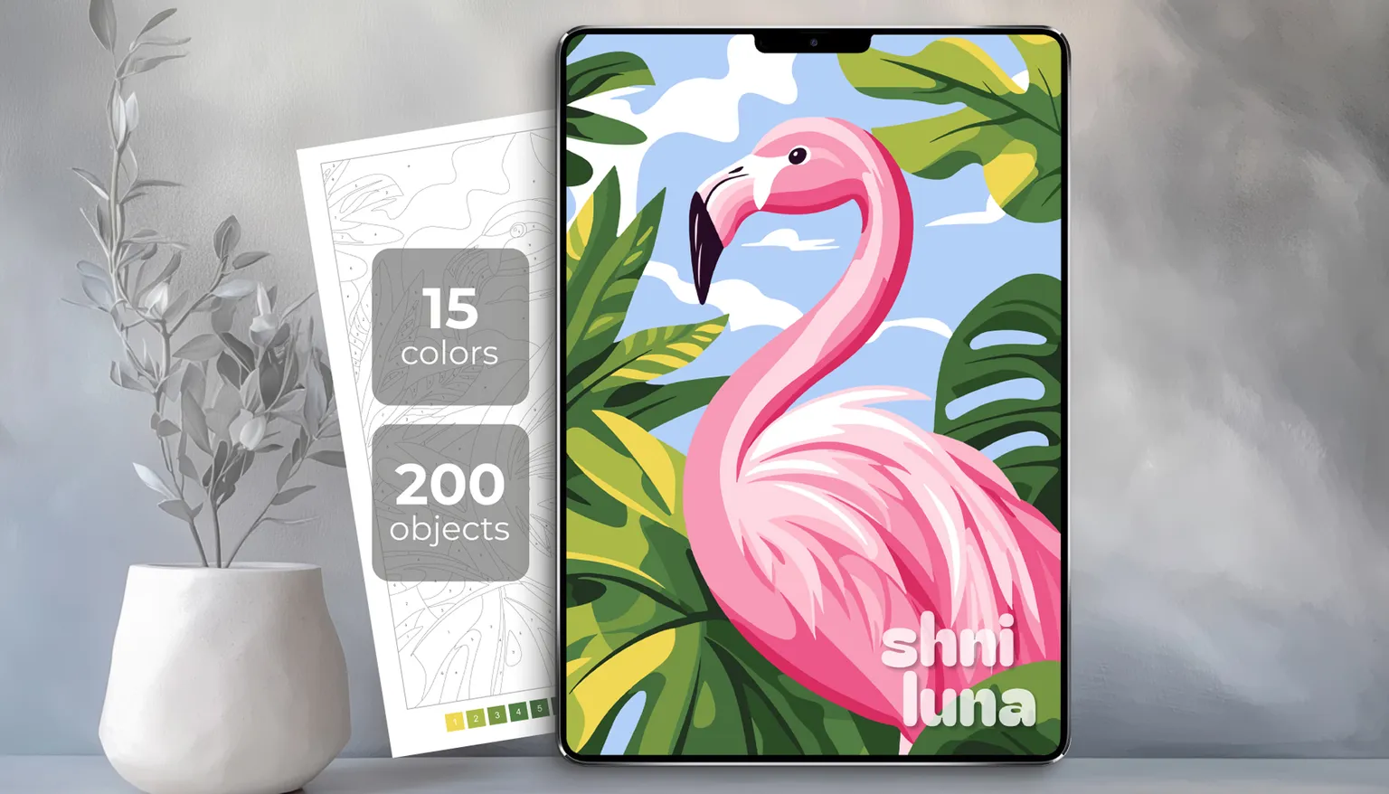 Cover of a simple flamingo coloring page showing 15 colors and 200 objects