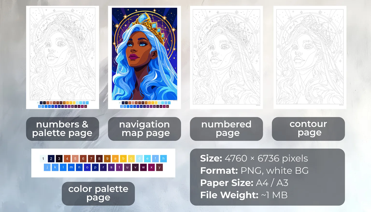 The 5 files included in the download: Numbers + Color Palette Page, Navigation Map, Numbered Page, Contour Page, and Color Palette