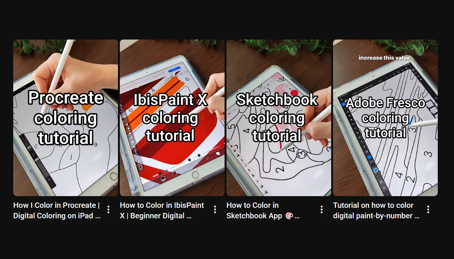 YouTube tutorials for coloring in Procreate, ibisPaint X, Sketchbook, and Adobe Fresco