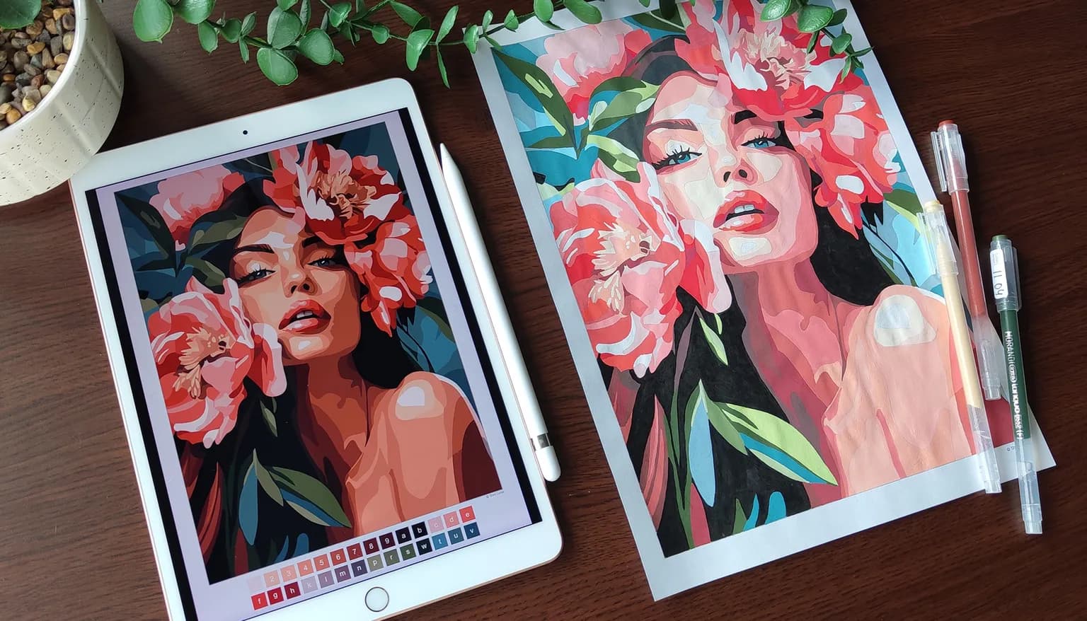 The same coloring page colored on an iPad and printed on paper with gel pens